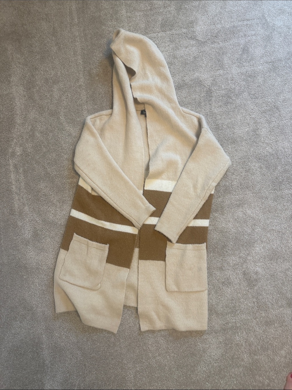 Lulu's Hooded Open-Front Stripe Pocket Cardigan in Beige and Brown